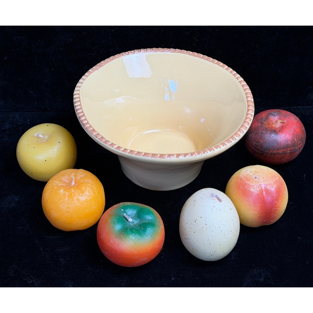 Italy Yellow Ceramic Bowl Scalloped Rim with 6 Wax Fruit Candles Set